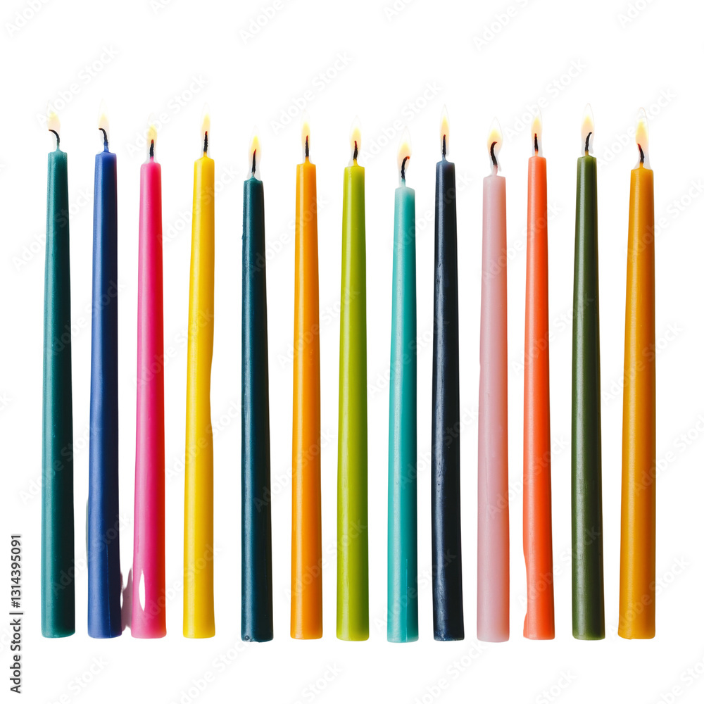Poster Colorful candles in various heights and colors, lit and arranged in row, creating warm and inviting atmosphere. Perfect for celebrations or cozy settings
