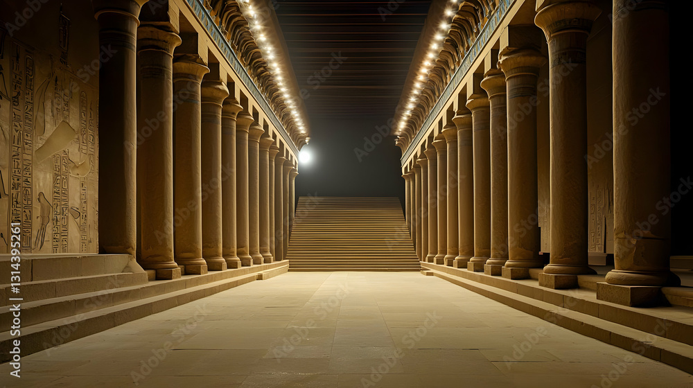 Poster illuminated stone columns and pathway in ancient temple interior at night with majestic architecture