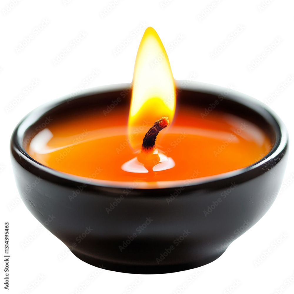 Poster glowing candle in black bowl, radiating warm light and creating serene atmosphere. flickering flame 