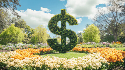 dollar sign topiary surrounded by colorful flowers in a garden under a bright sky

