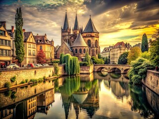 Obraz premium Vintage Metz Bras de la Moselle Temple Neuf Photography AI Art