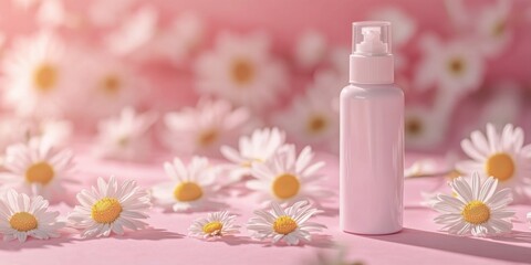 This image showcases a transparent aroma diffuser with a pink scent, placed on a floral background. The diffuser is sitting among fresh daisies, creating an atmosphere of tranquility and natural