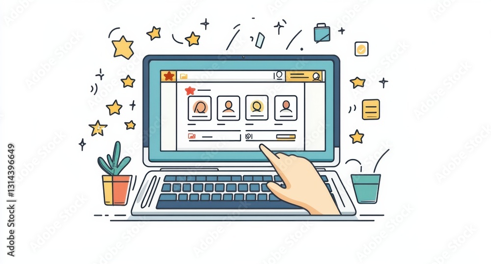 Poster hand pointing to profiles on a computer screen with colorful outline design