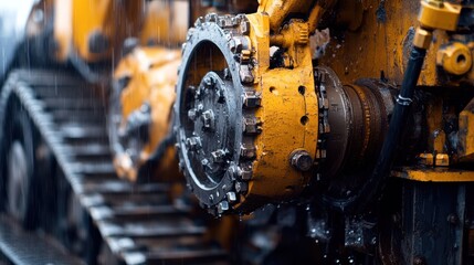 Rainy day, excavator, close-up, construction site