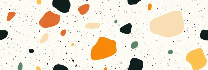 Abstract terrazzo pattern with vibrant orange and green shapes on white background
