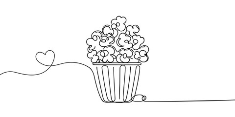 Popcorn in a cup continuous one line drawing. Vector illustrationPopcorn in a cup continuous one line drawing