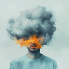 Overthinking. Illustration of a Male with Grey Cloud Instead of Head, Concept Artwork