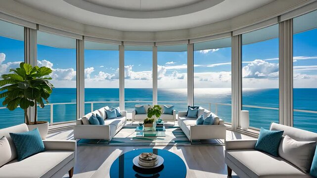 Luxury Oceanfront Living Room with Panoramic Floor-to-Ceiling Windows Overlooking the Sea and Blue Sky

