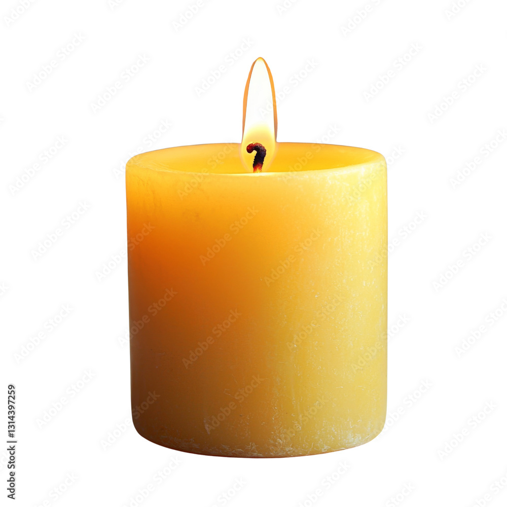 Poster glowing yellow candle with flickering flame, creating warm and inviting atmosphere. Perfect for relaxation or ambiance in any setting