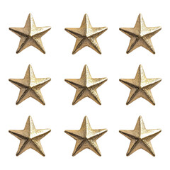 A collection of nine gold stars arranged in a grid pattern, showcasing their textured surface and distinct five-pointed shape.