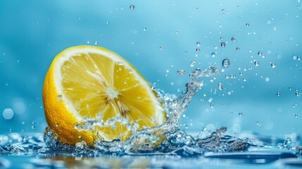Splash of sliced lemon with water drops over blue background