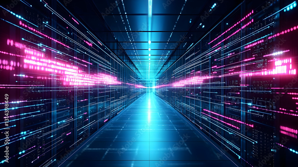 Poster futuristic server room with pink and blue data flow in dark environment with modern technology for d