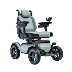 Modern electric wheelchair with comfortable seating and durable tires isolated on transparent background, cutout png