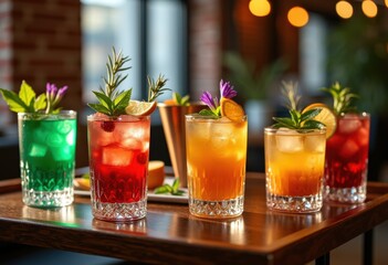 colorful elegant cocktail creations displayed trendy bar cart unique glassware fresh garnishes, drinks, barware, spirits, citrus, ice, decor, festivities