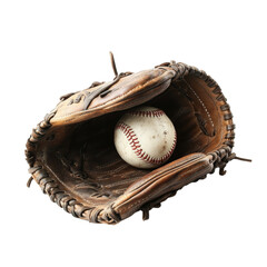 Vintage baseball glove with baseball resting inside cutout png, isolated on transparent background