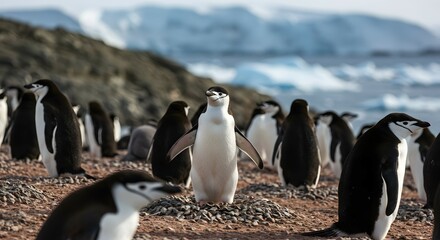 Chinstrap Penguin Standing on a Rocky Nest Among a Colony in Antarctica.