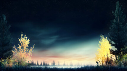 Naklejka premium Nightfall scene in a forest field with beautiful dreamy sky