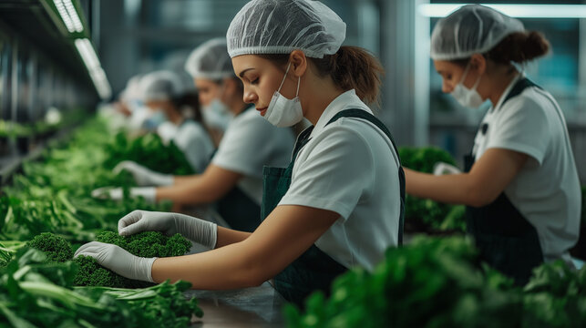 A side-by-side view of experienced workers training new employees, guiding them through the precise techniques of sorting vegetables to ensure maximum freshness and food safety.