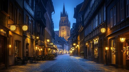 Cobblestone street, Gothic church, twilight, Germany