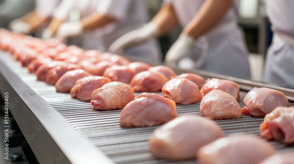 Poster a high-angle view of an advanced food production line with rows of raw chicken pieces neatly aligned