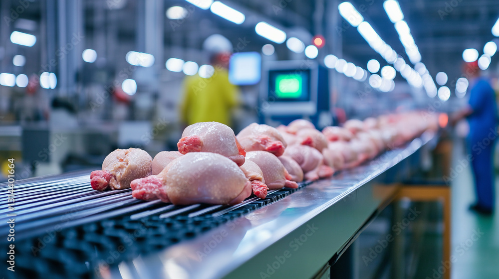 Poster a side view of a long conveyor belt carrying raw chicken, with automatic weighing and sorting machin