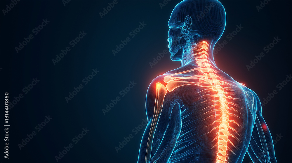 Poster a futuristic x-ray visualization of a human body with highlighted shoulder joints pulsating in shade