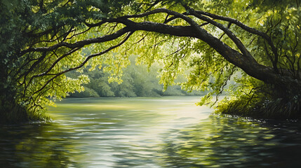 Fototapeta premium Peaceful sunlit river with lush greenery and overhanging branches