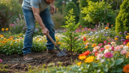 Gardener Planting Young Tree Among Vibrant Flowerbed in an Outdoor Garden During Spring