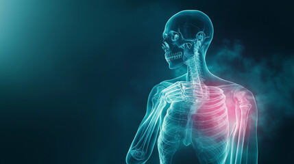A cinematic-style X-ray composition with a semi-transparent human body, where both shoulder joints appear swollen and glowing intensely, emphasizing pain and limited mobility.