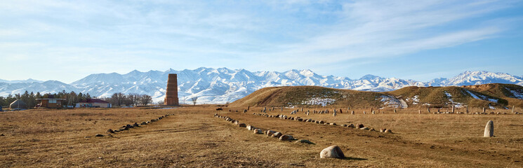 Burana Tower Panorama, ancient minaret of Karakhanid state. Touristic place, Kyrgyzstan travel...