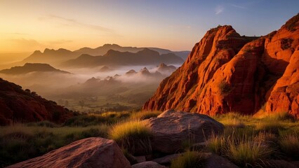 Breathtaking view of red rock cliffs at sunrise, with mist covering the valley below and lush grass in the foreground under a vibrant sky