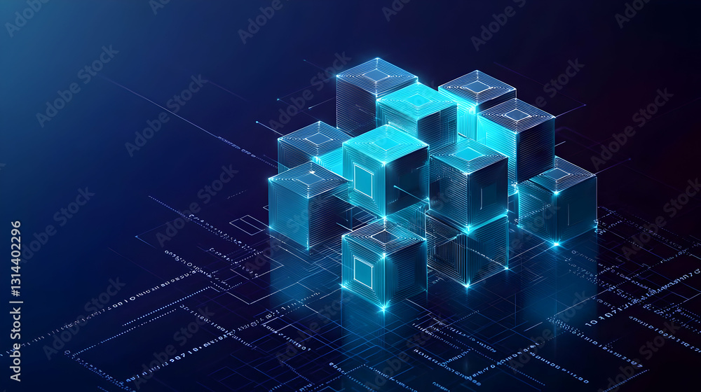 Poster 3d render of interconnected glowing blue and black cubes on a dark blue background representing bloc