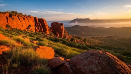 Breathtaking view of red rock cliffs at sunrise, with mist covering the valley below and lush grass in the foreground under a vibrant sky