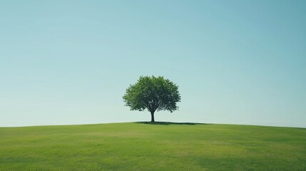 Lone tree standing on a green hill nature landscape photography clear blue sky