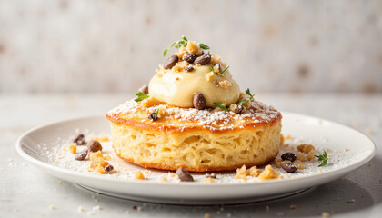 Delicious dessert with cream and toppings on a plate, gourmet indulgence