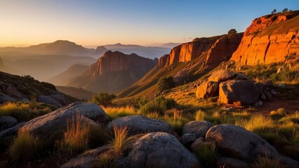 Breathtaking view of red rock cliffs at sunrise, with mist covering the valley below and lush grass in the foreground under a vibrant sky