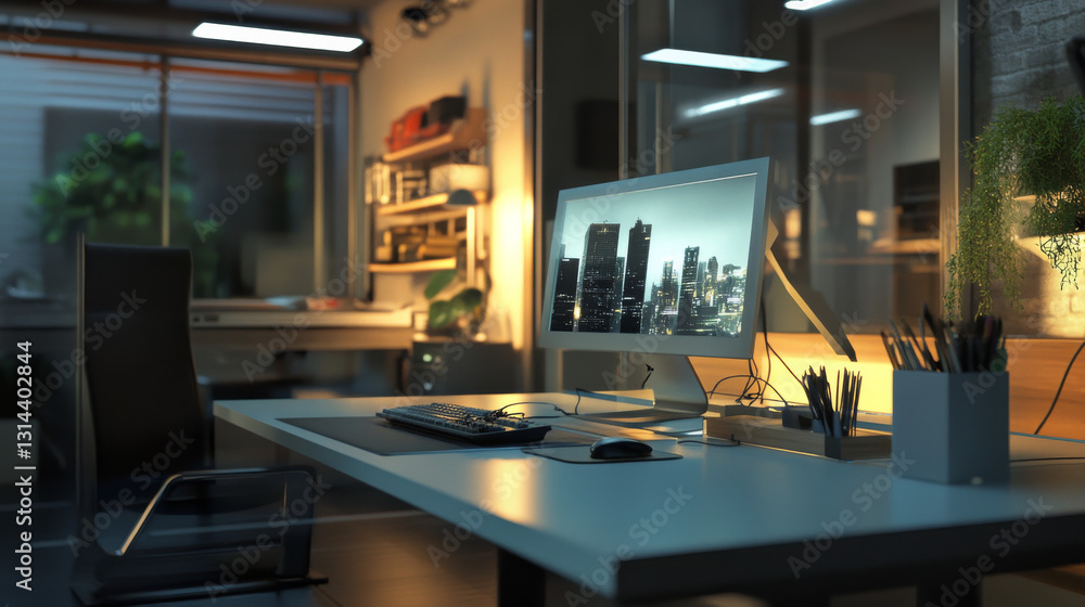 Poster a 3d-rendered depiction of a modern office workspace, designed for functionality and contemporary ap