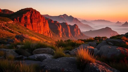 Breathtaking view of red rock cliffs at sunrise, with mist covering the valley below and lush grass in the foreground under a vibrant sky