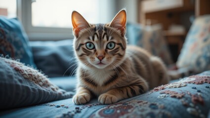 Close-Up Portrait of an Adorable Tabby Cat with Blue Eyes Relaxing on a Soft Sofa at Home