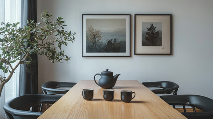 A chic dining room showcases a wooden family table, sleek black chairs, a teapot with matching mugs, framed artwork on the walls, and refined decorative elements
