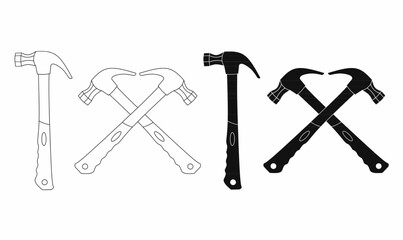 set of crossed hammer icons in outline and solid styles. Perfect for construction, repair, labor, handyman, and industrial-themed designs. Ideal for logos and prints.
