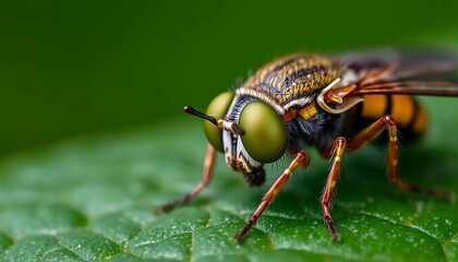 Fototapeta premium A Vibrant, Intricately Detailed Fly With Striking Emerald Eyes Rests On A Dew-kissed Leaf, Showcasing Its Mesmerizing Beauty In Sharp Focus Against A Soft Green Backdrop
