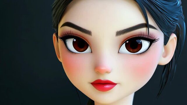 A stylized 3D CG girl character face close-up on a dark background. A cartoon character concept.