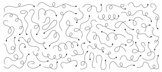 Set of different doodle squiggly, loopy line arrows, editable stroke vector elements