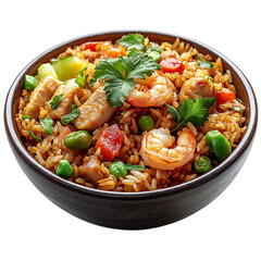 A Bowl of Indonesian Nasi Goreng Fried Rice with Shrimp Isolated on Transparent Background