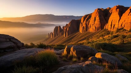Breathtaking view of red rock cliffs at sunrise, with mist covering the valley below and lush grass in the foreground under a vibrant sky