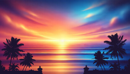 Vector Tropical Sunset Over the Ocean with Palm Trees Silhouettes and Vibrant Sky