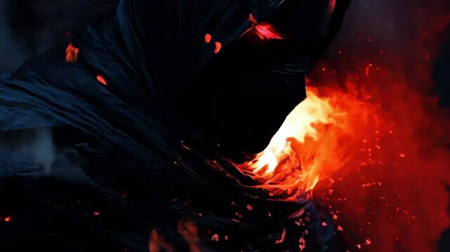 A stealthy ninja silhouette dissolving into red particles with a burst of energy. An animated illustration.