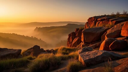 Breathtaking view of red rock cliffs at sunrise, with mist covering the valley below and lush grass in the foreground under a vibrant sky