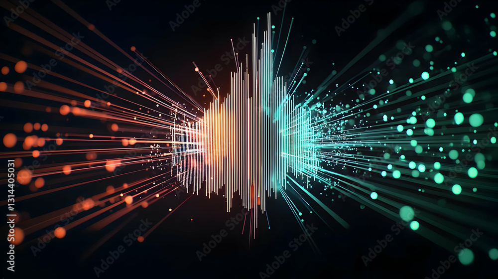 Aufkleber dynamic abstract data flow with red and teal particles exploding from a central source on a dark bac